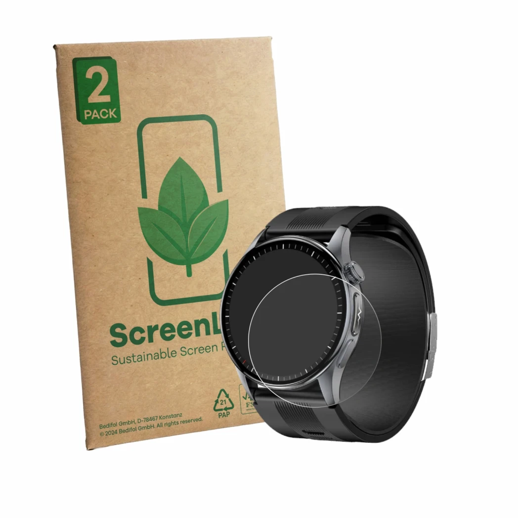 Front side of a product packaging with the brand logo ScreenLeaf. Next to it is the device Knauermann Pro 4 AIR (round) shown 