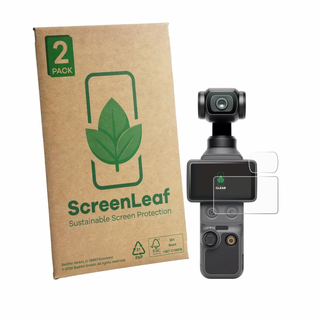 Front side of a product packaging with the brand logo ScreenLeaf. Next to it is the device DJI Osmo Pocket 4 (Display + Lens) 