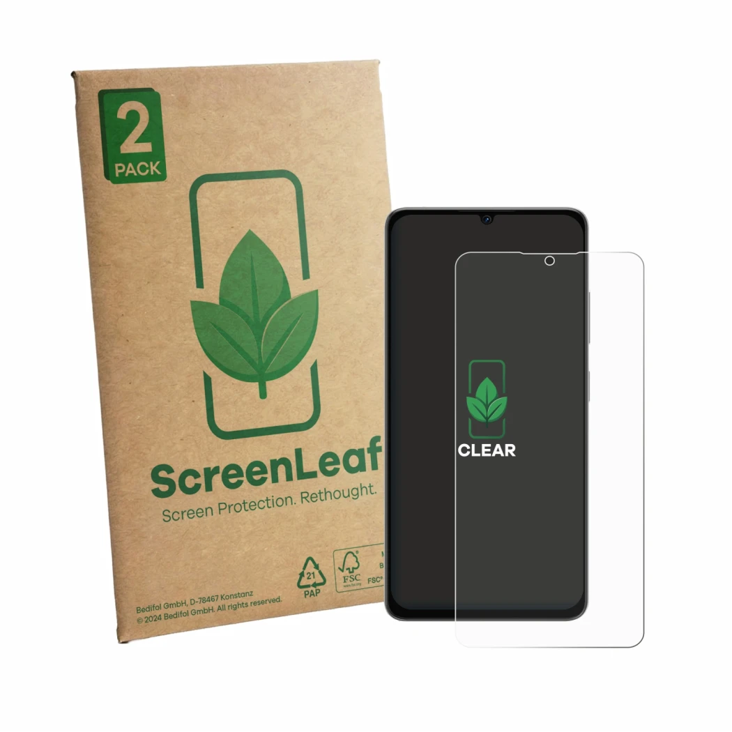 Front side of a product packaging with the brand logo ScreenLeaf. Next to it is the device Lava Bold N2 Pro shown with the cor