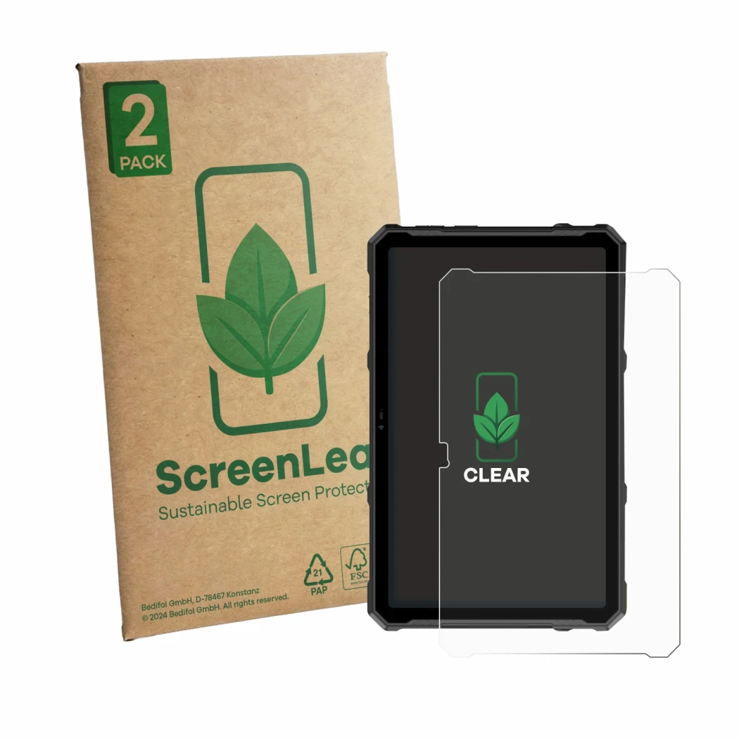 Front side of a product packaging with the brand logo ScreenLeaf. Next to it is the device Ulefone Armor Pad 4T Ultra shown wi