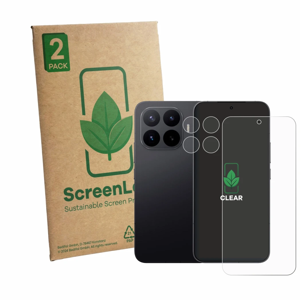 Front side of a product packaging with the brand logo ScreenLeaf. Next to it is the device Xiaomi 17T Pro (Front+Camera) shown
