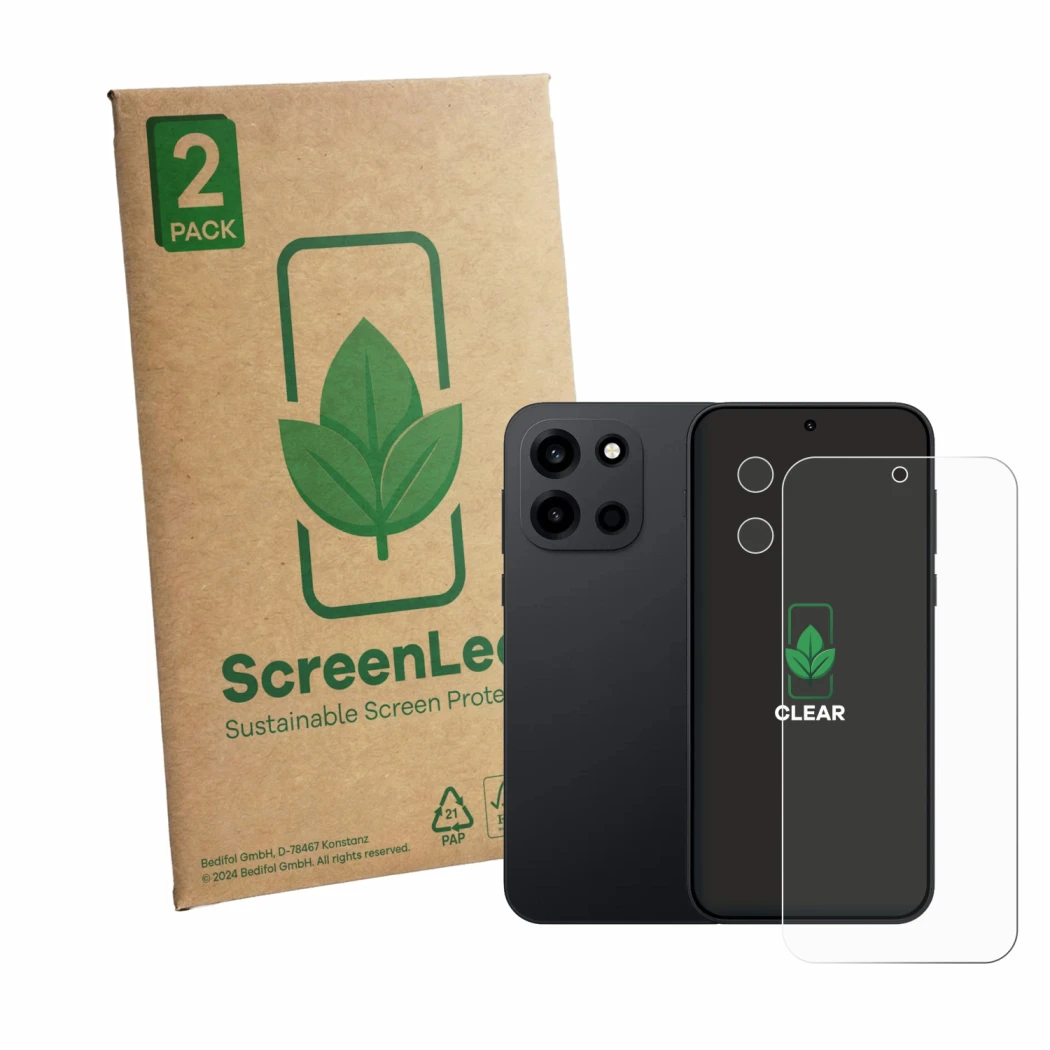 Front side of a product packaging with the brand logo ScreenLeaf. Next to it is the device OnePlus Nord 6 (Front+Camera) shown