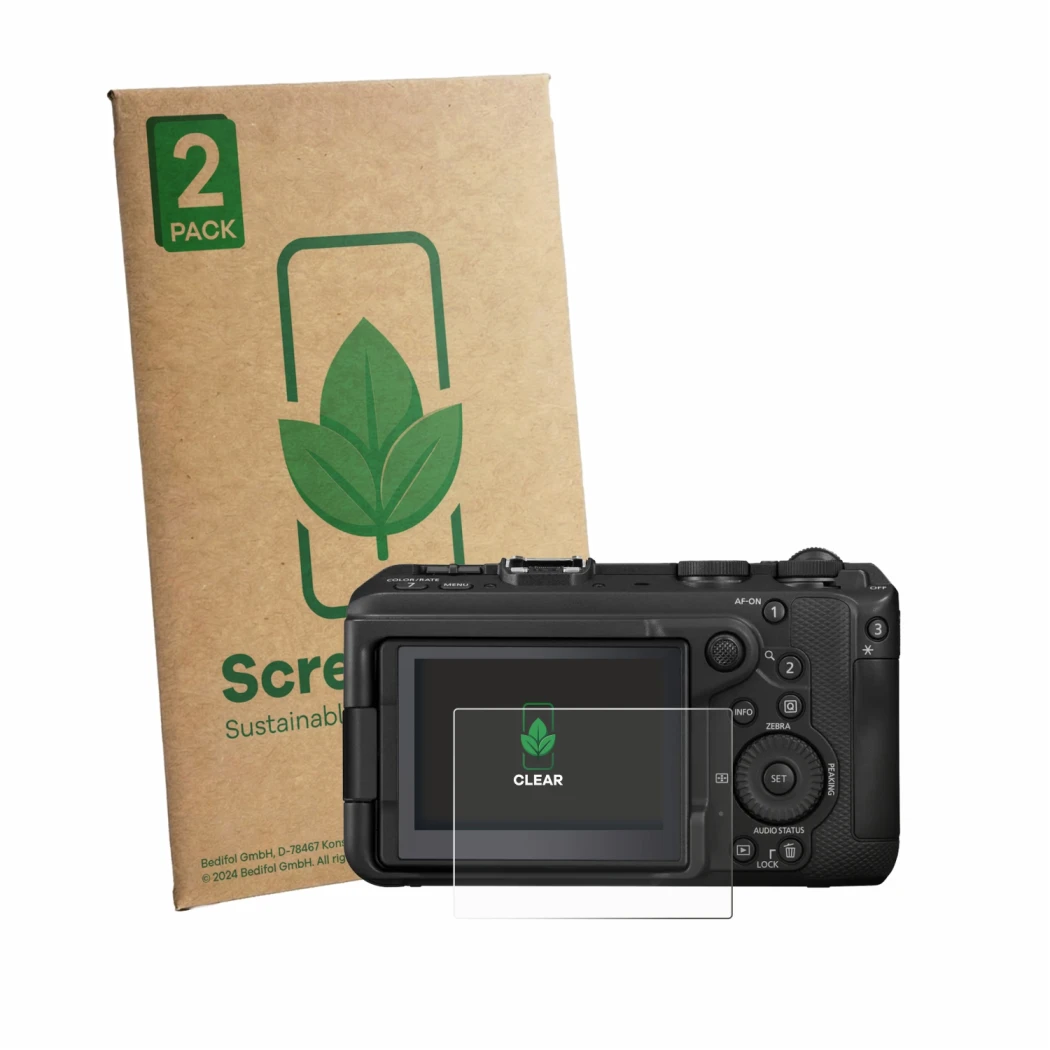 Front side of a product packaging with the brand logo ScreenLeaf. Next to it is the device Canon EOS R6 V shown with the corre