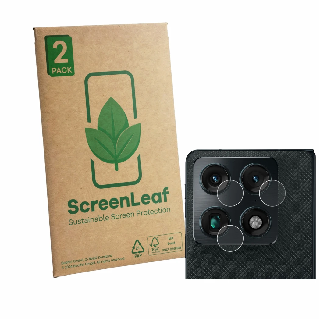 Front side of a product packaging with the brand logo ScreenLeaf. Next to it is the device Motorola Razr Fold (ONLY Camera Len