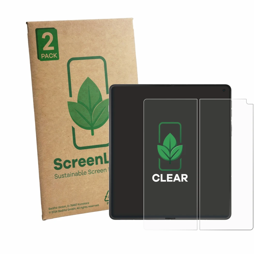 Front side of a product packaging with the brand logo ScreenLeaf. Next to it is the device Motorola Razr Fold (Inner display) 