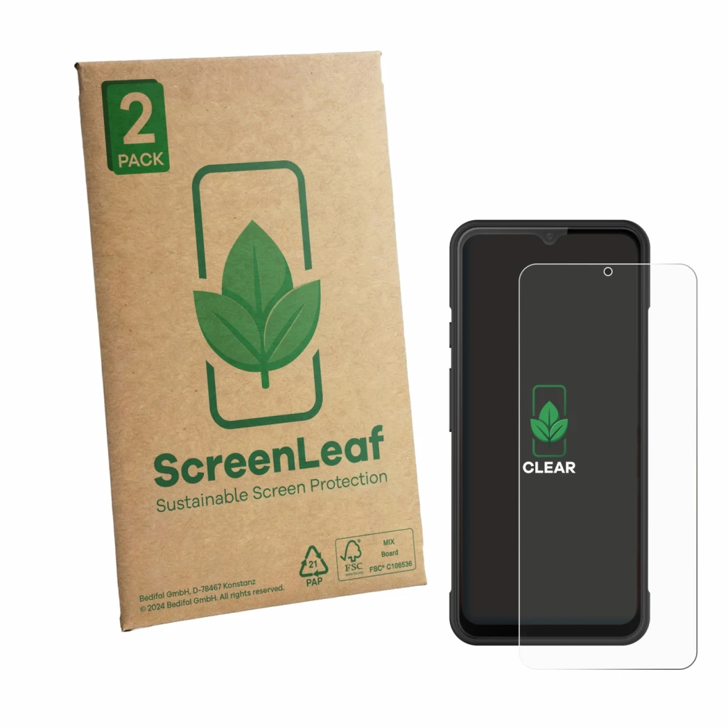 Front side of a product packaging with the brand logo ScreenLeaf. Next to it is the device iMin Swift 1 Pro shown with the cor