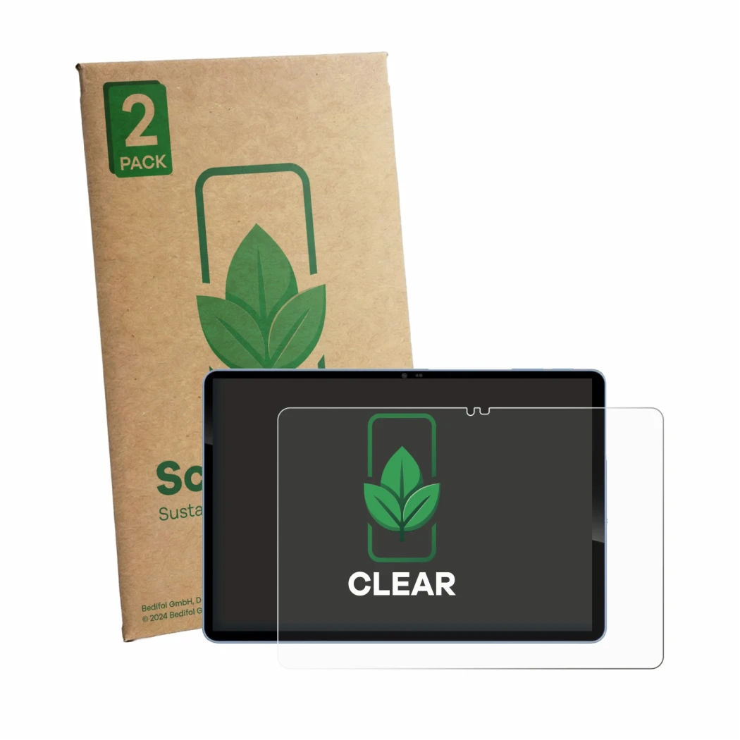 Front side of a product packaging with the brand logo ScreenLeaf. Next to it is the device Acer Iconia iM11 shown with the cor