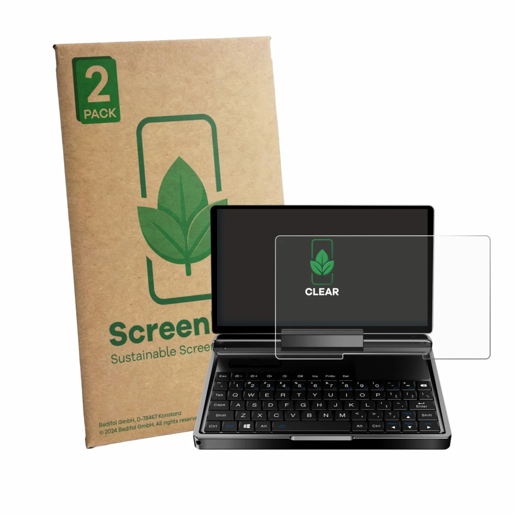 Front side of a product packaging with the brand logo ScreenLeaf. Next to it is the device GDP MicroPC 2 shown with the corres