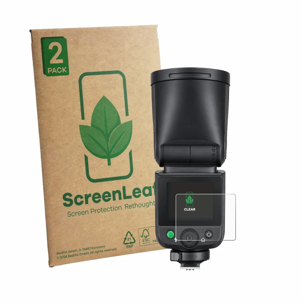 Front side of a product packaging with the brand logo ScreenLeaf. Next to it is the device Godox V1 mid shown with the corresp