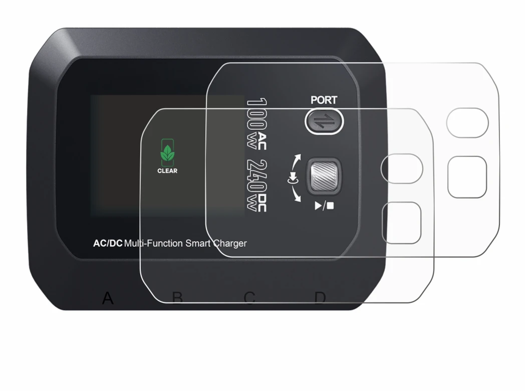 Image of the device SkyRc Q100 Neo with a wide variety of screen protectors.