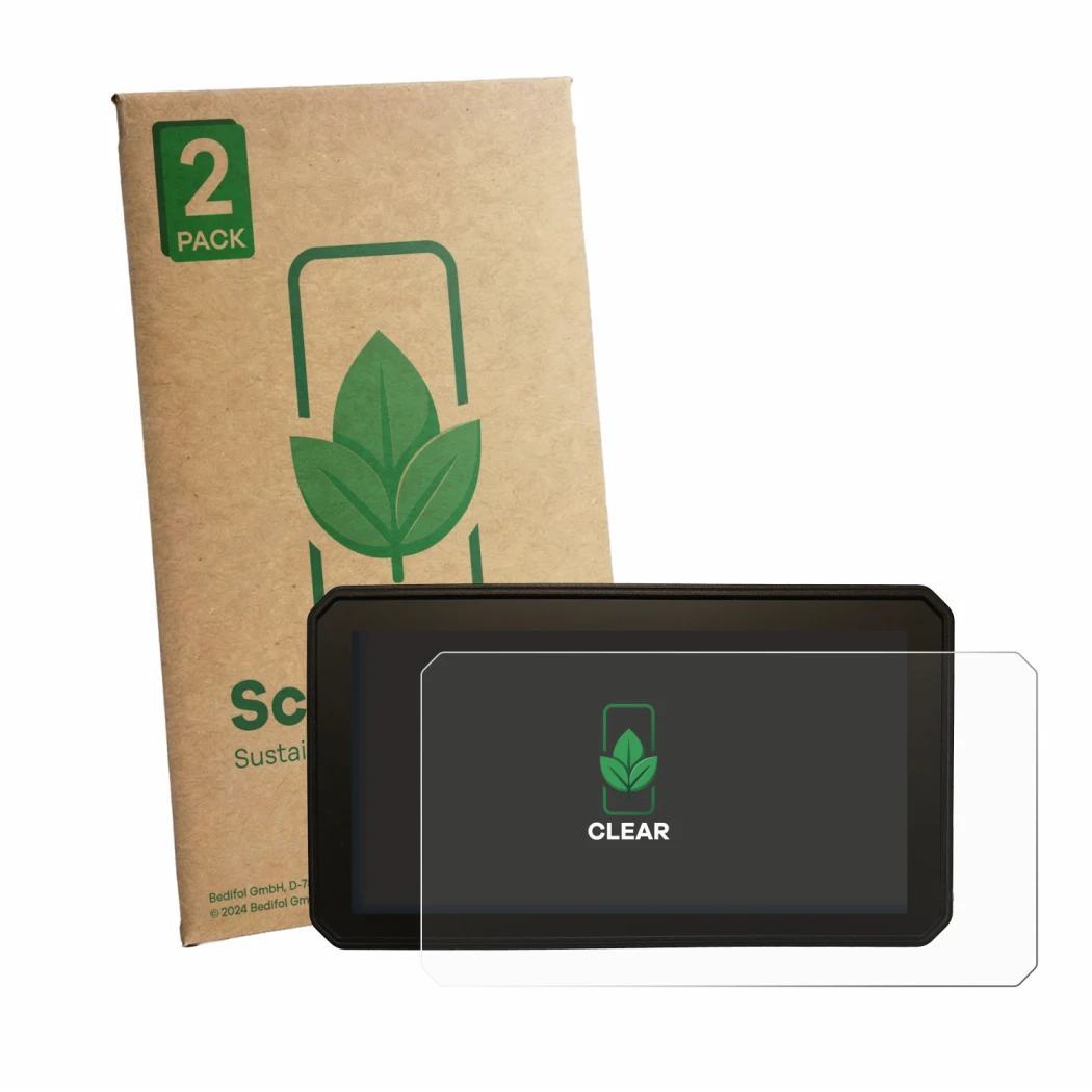 Front side of a product packaging with the brand logo ScreenLeaf. Next to it is the device Interphone Sync55B shown with the c