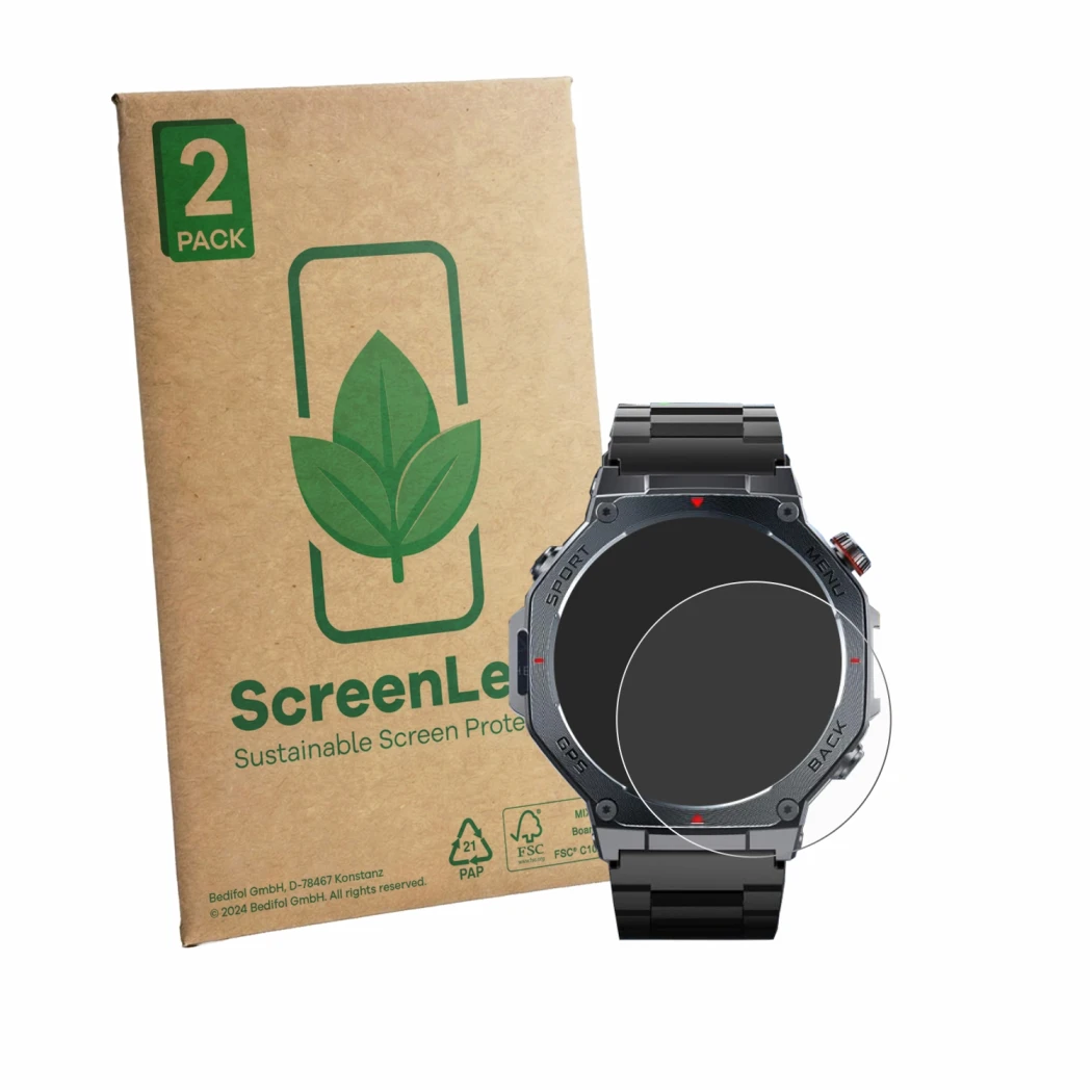 Front side of a product packaging with the brand logo ScreenLeaf. Next to it is the device Jugeman V20 1.43