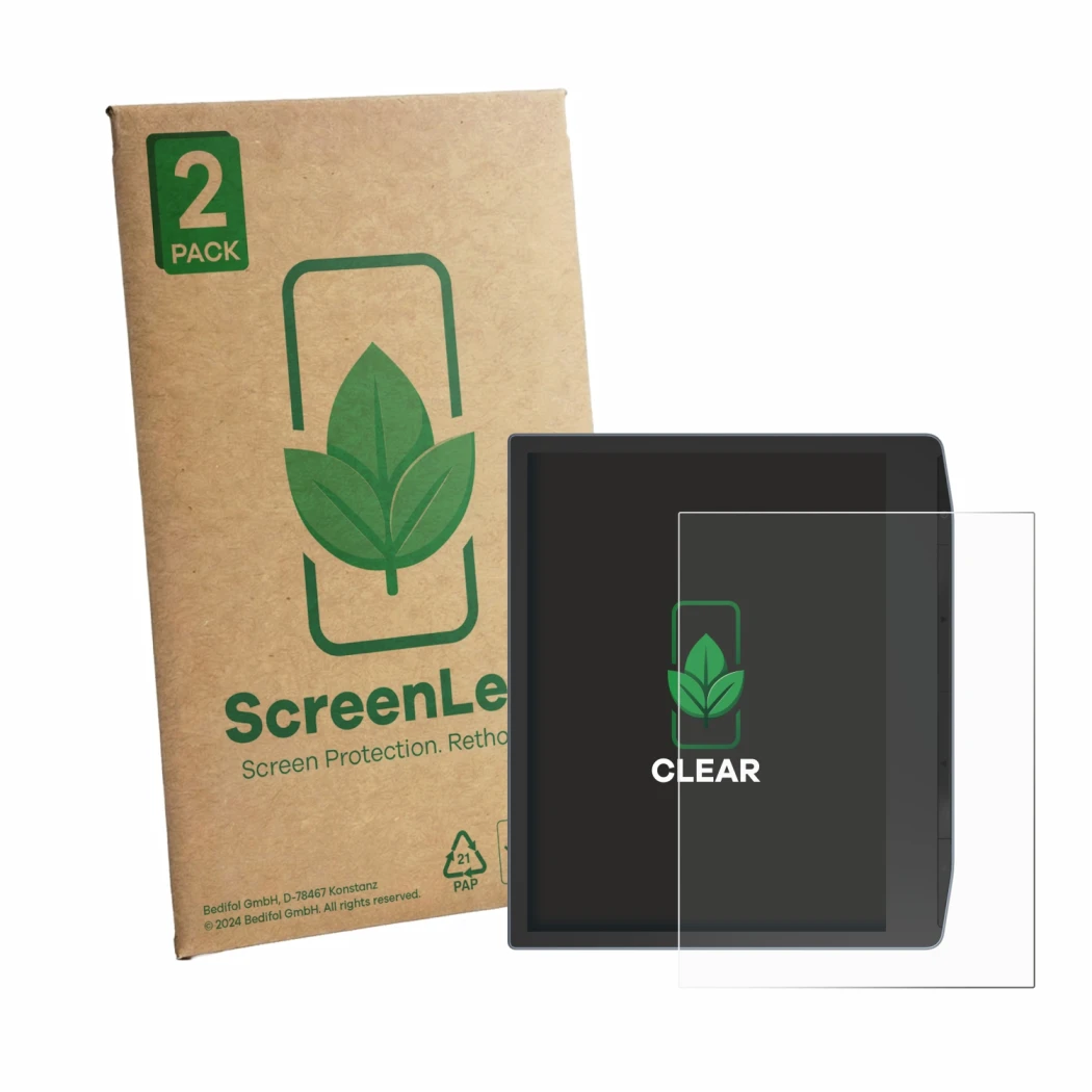 Front side of a product packaging with the brand logo ScreenLeaf. Next to it is the device PocketBook Era Lite shown with the 