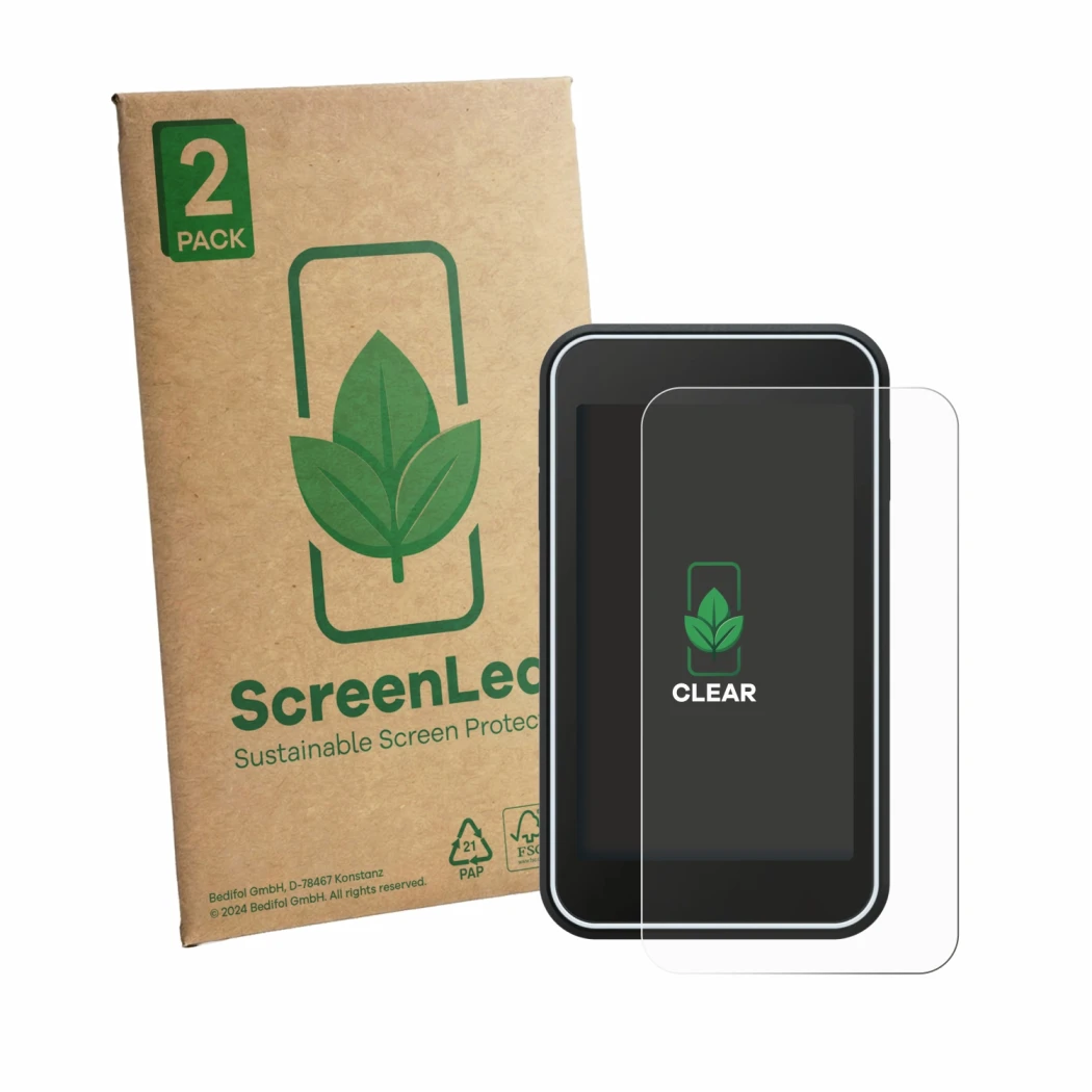 Front side of a product packaging with the brand logo ScreenLeaf. Next to it is the device Shot Scope H50 shown with the corre