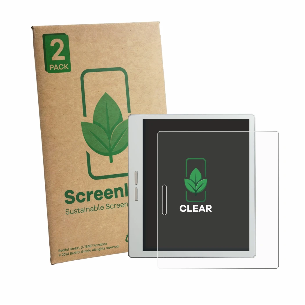 Front side of a product packaging with the brand logo ScreenLeaf. Next to it is the device Bigme B7 Pro shown with the corresp