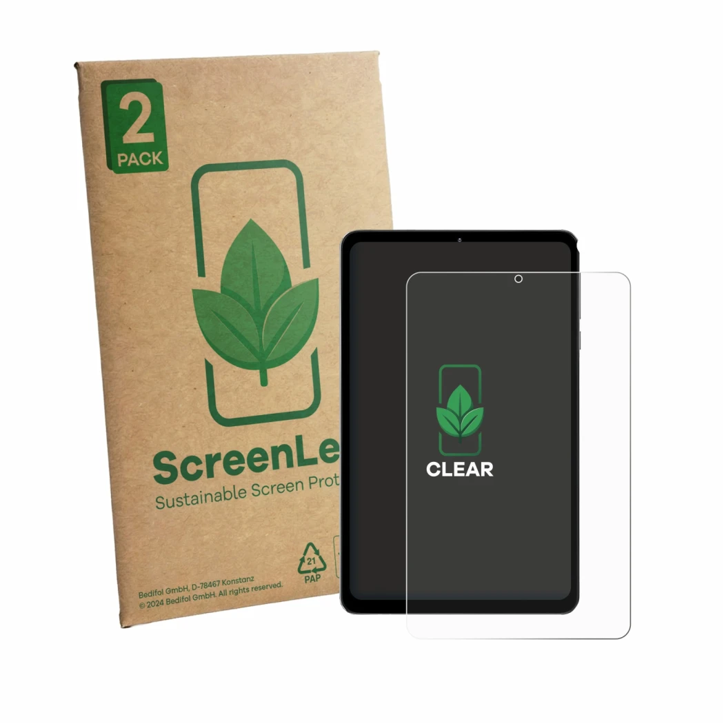 Front side of a product packaging with the brand logo ScreenLeaf. Next to it is the device Headwolf FPad 6 shown with the corr