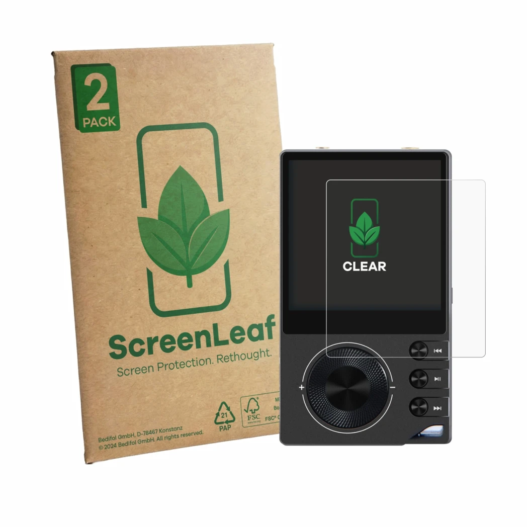 Front side of a product packaging with the brand logo ScreenLeaf. Next to it is the device Surfans F20 Pro shown with the corr
