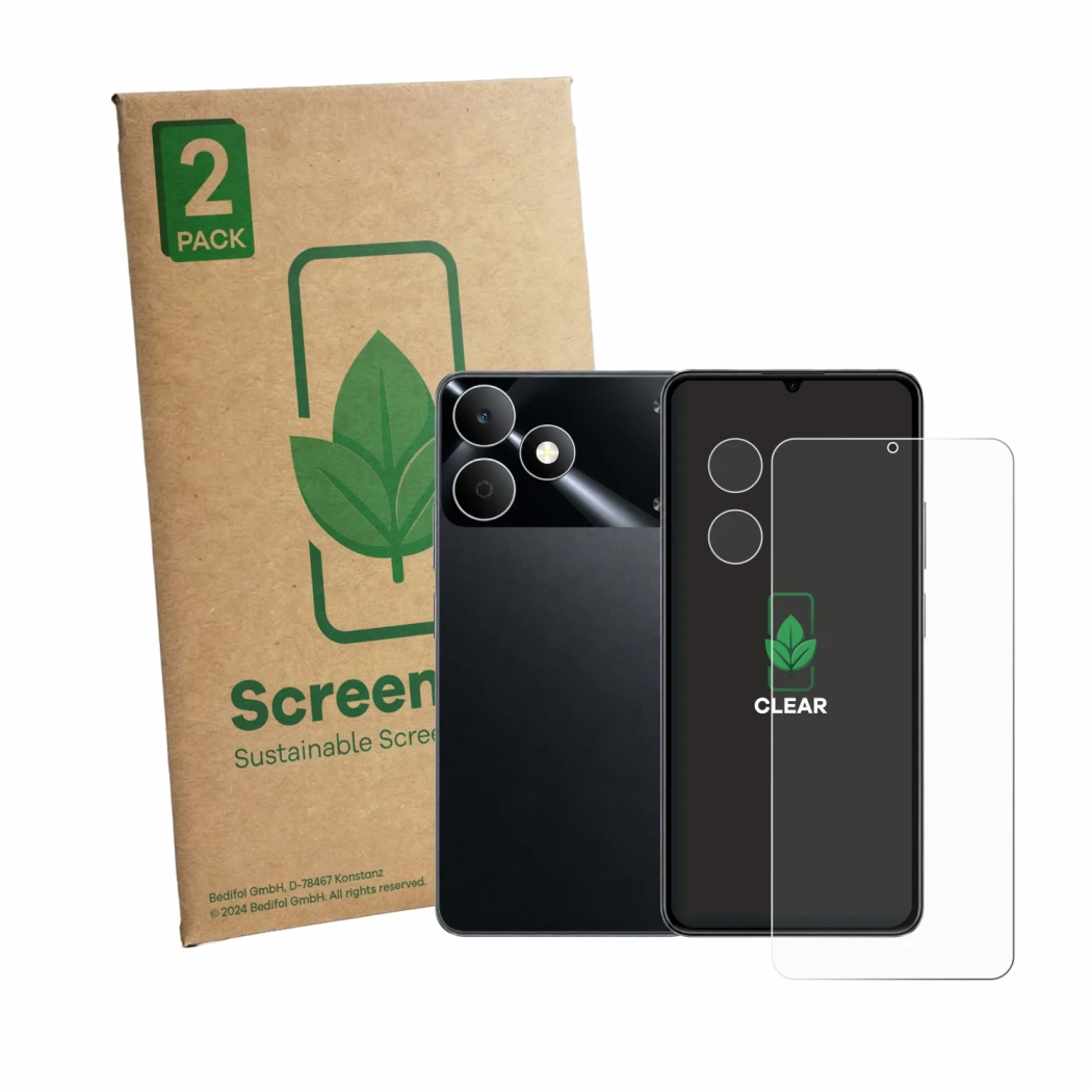 Front side of a product packaging with the brand logo ScreenLeaf. Next to it is the device realme Note 80 (Front+Camera) shown