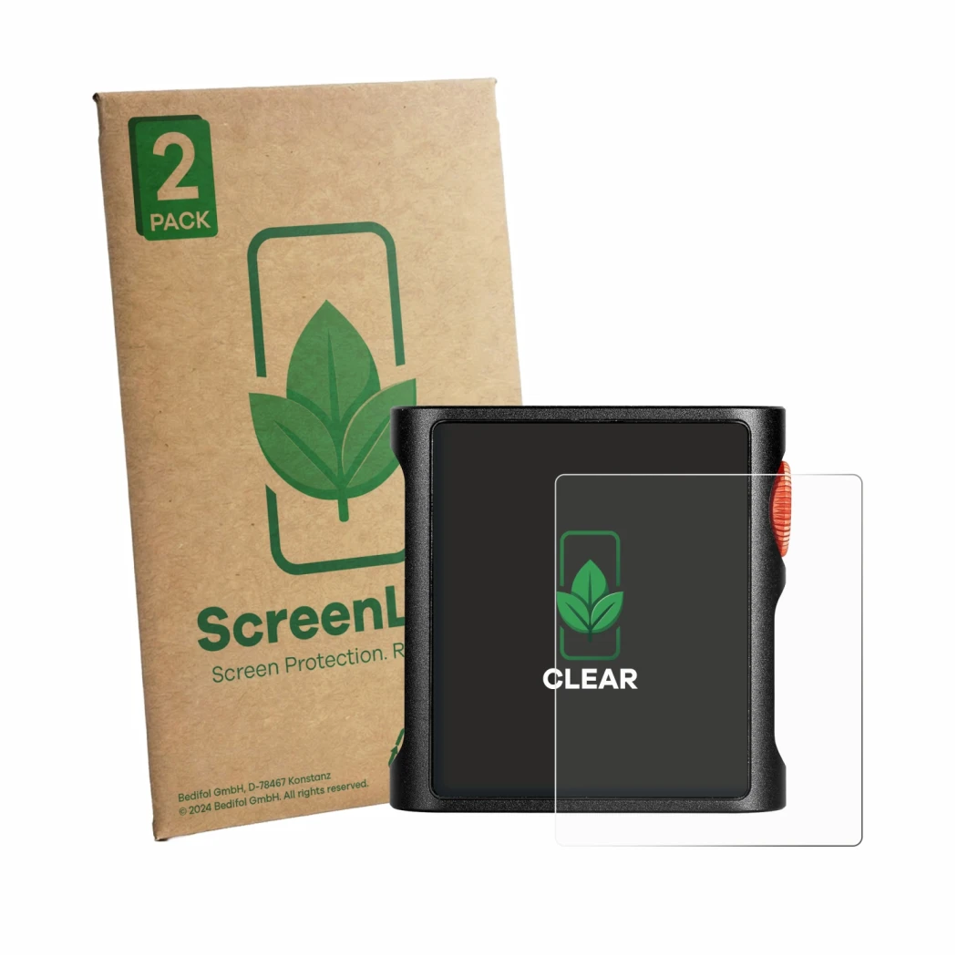 Front side of a product packaging with the brand logo ScreenLeaf. Next to it is the device Shanling M0 Pura shown with the cor