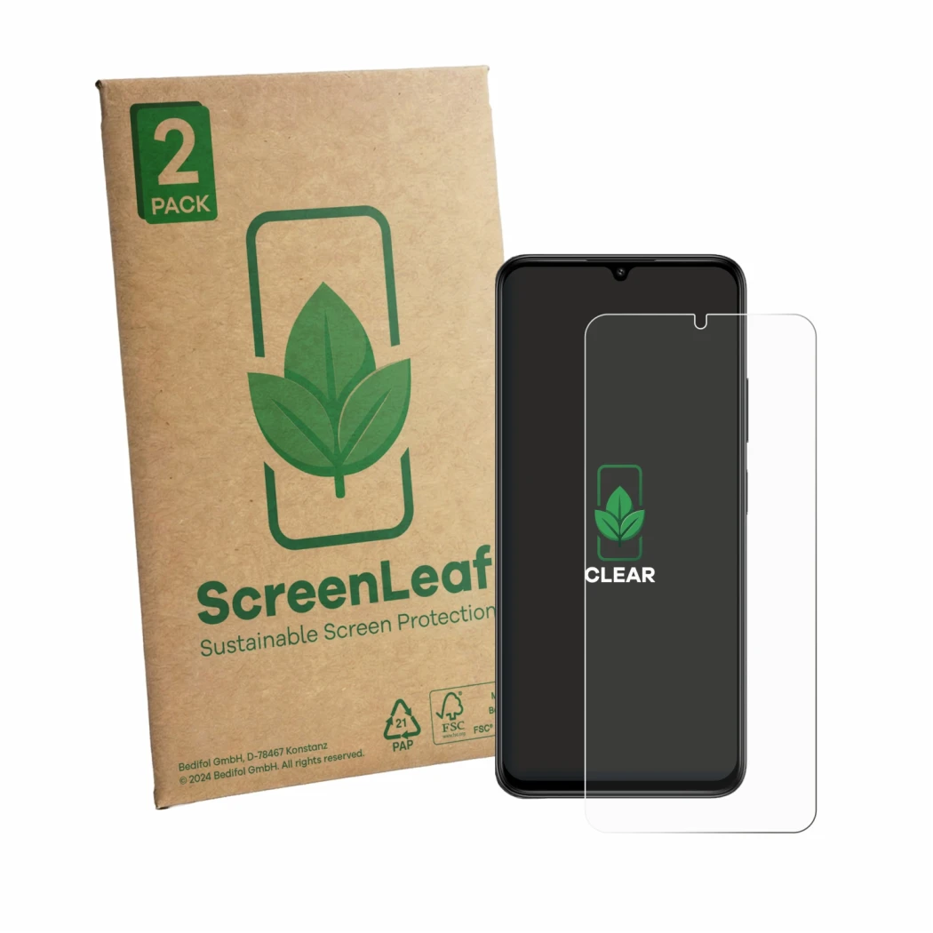 Front side of a product packaging with the brand logo ScreenLeaf. Next to it is the device Lava Bold N2 shown with the corresp