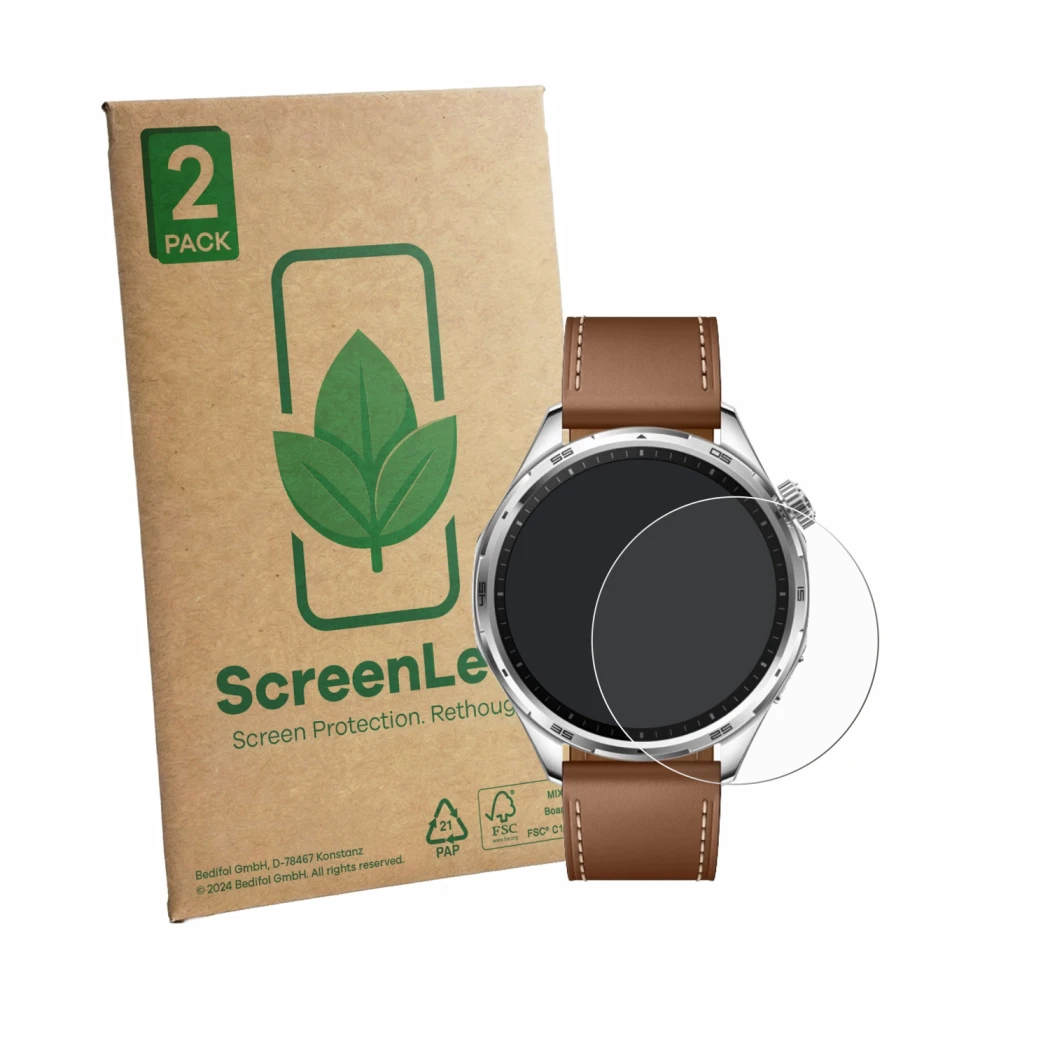 Front side of a product packaging with the brand logo ScreenLeaf. Next to it is the device Honor Watch 6 shown with the corres