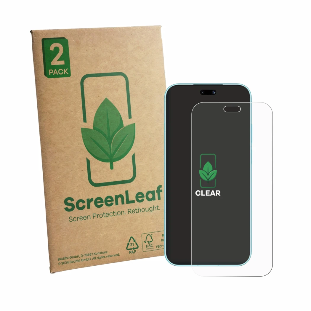 Front side of a product packaging with the brand logo ScreenLeaf. Next to it is the device Huawei Nova 16 Ultra shown with the