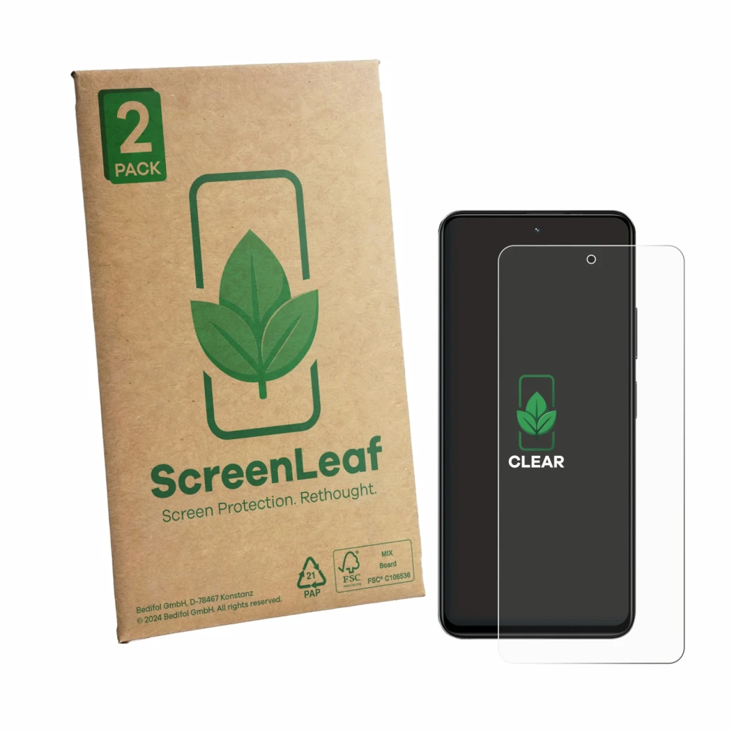 Front side of a product packaging with the brand logo ScreenLeaf. Next to it is the device Blackview Color 6 shown with the co