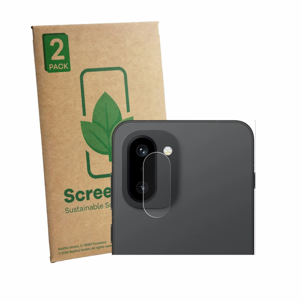 Front side of a product packaging with the brand logo ScreenLeaf. Next to it is the device OnePlus 15R (ONLY Camera Lens) show