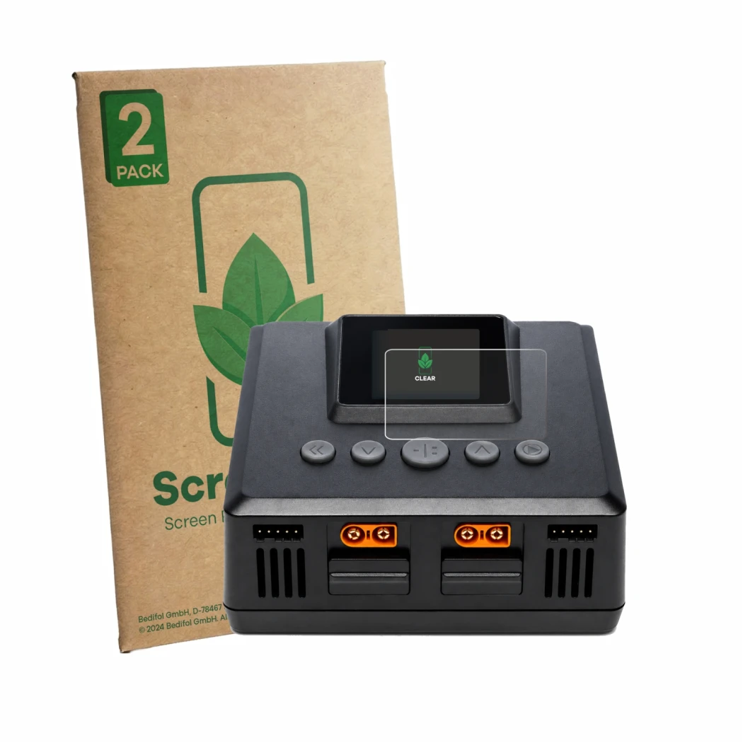 Front side of a product packaging with the brand logo ScreenLeaf. Next to it is the device Spektrum Smart Charger S250 shown w