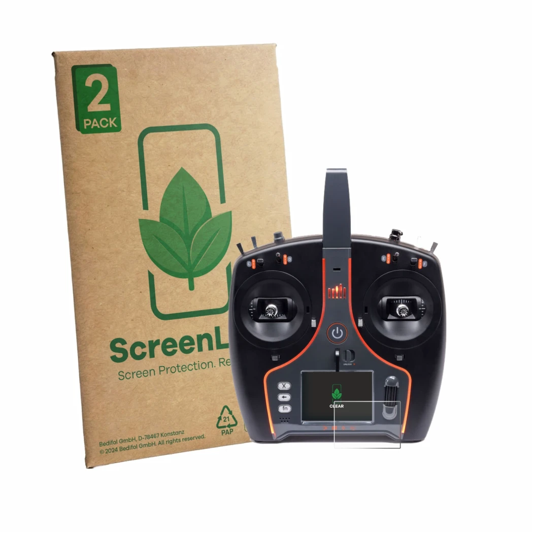 Front side of a product packaging with the brand logo ScreenLeaf. Next to it is the device Spektrum NX7e Plus shown with the c