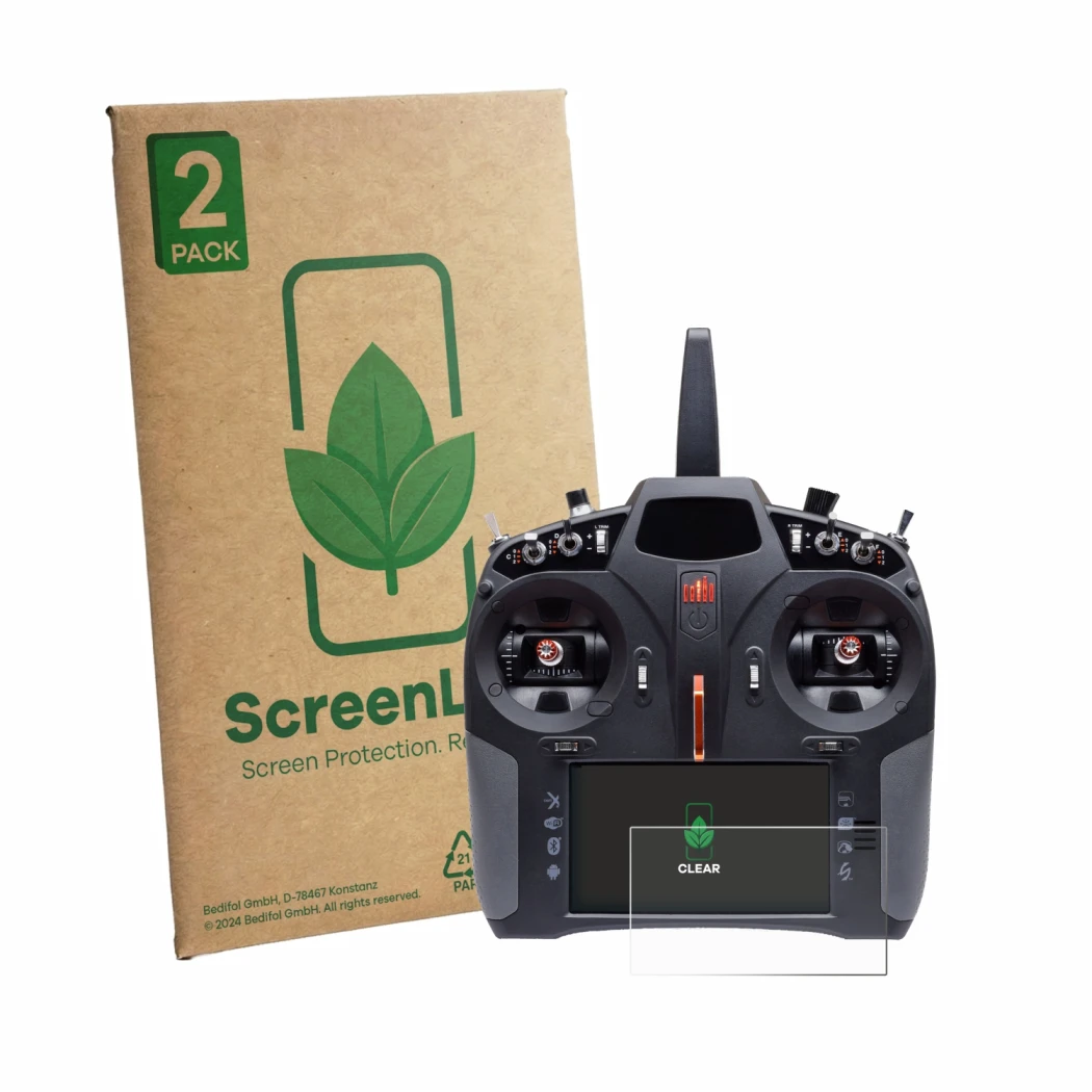 Front side of a product packaging with the brand logo ScreenLeaf. Next to it is the device Spektrum iX14 Plus shown with the c