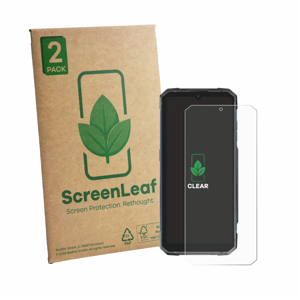 Front side of a product packaging with the brand logo ScreenLeaf. Next to it is the device Hotwav Cyber 18 shown with the corr