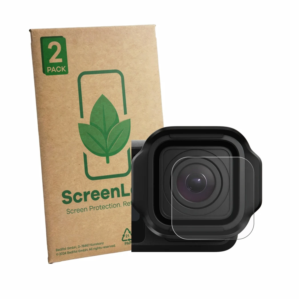 Front side of a product packaging with the brand logo ScreenLeaf. Next to it is the device GoPro Mission 1 Pro (Lens) shown wi