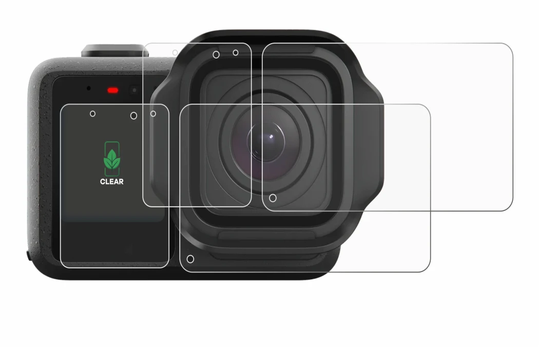 Image of the device GoPro Mission 1 with a wide variety of screen protectors.