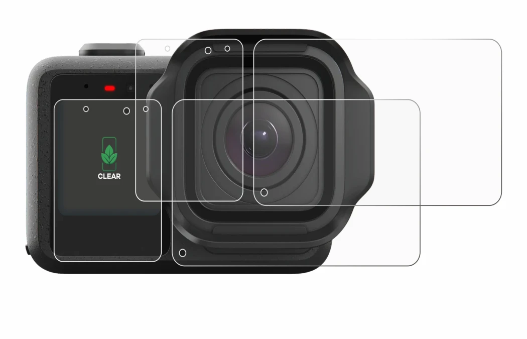 Image of the device GoPro Mission 1 Pro with a wide variety of screen protectors.