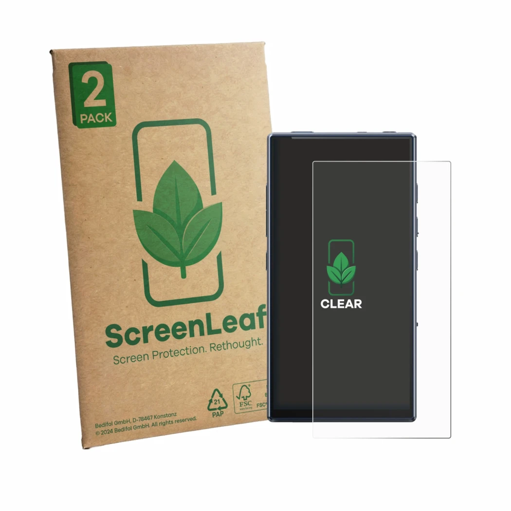 Front side of a product packaging with the brand logo ScreenLeaf. Next to it is the device FiiO M33 R2R shown with the corresp