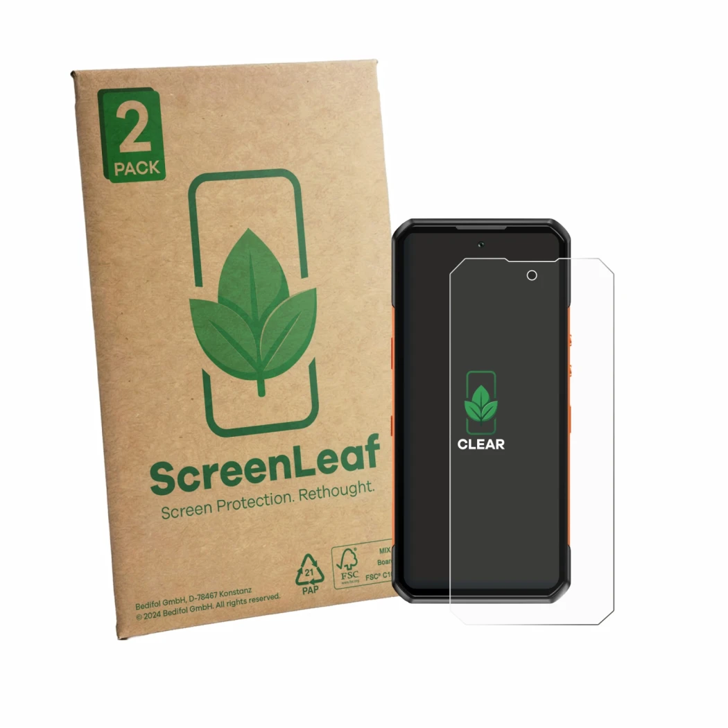 Front side of a product packaging with the brand logo ScreenLeaf. Next to it is the device Oukitel WP500 shown with the corres
