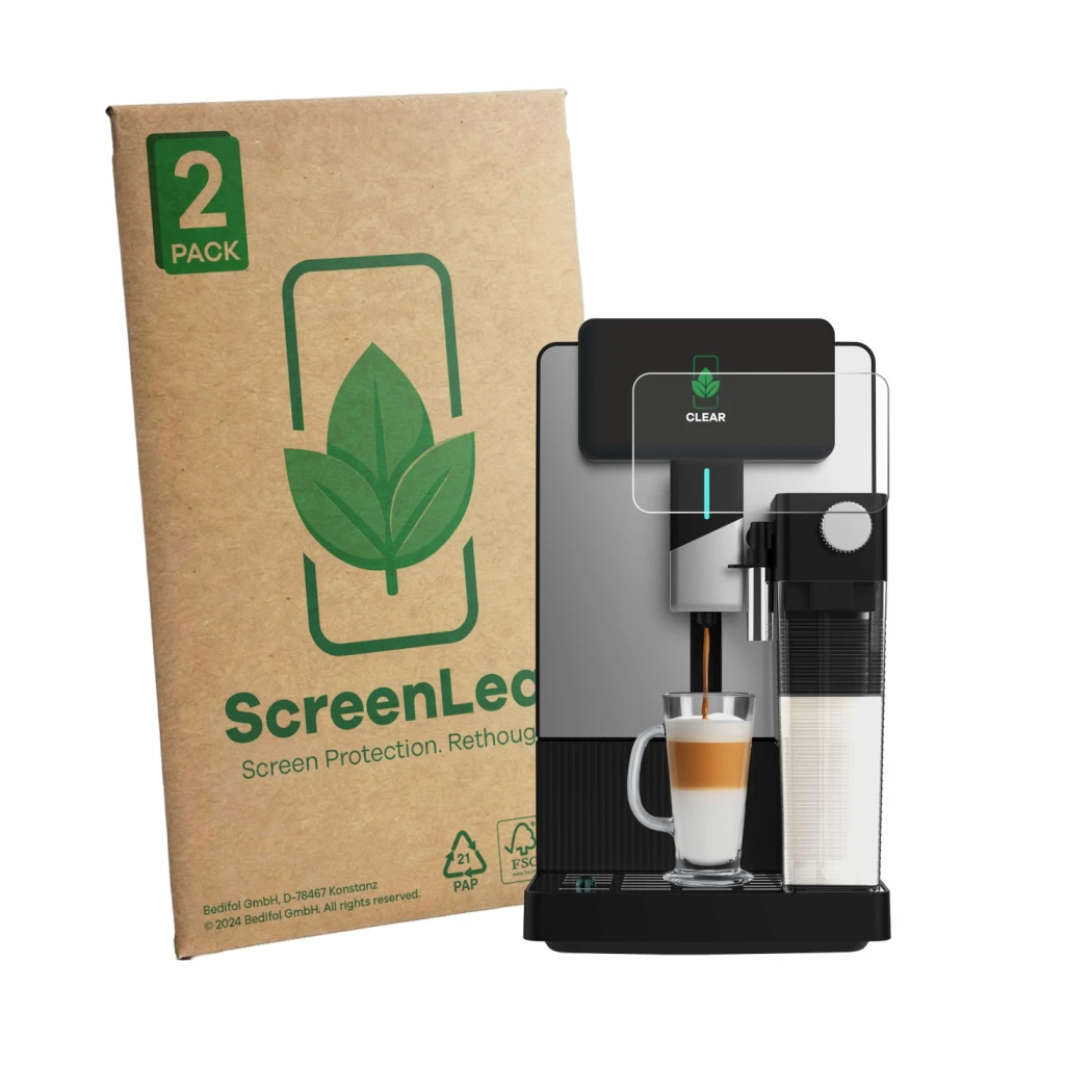 Front side of a product packaging with the brand logo ScreenLeaf. Next to it is the device Cecotec Cremmaet Latte Art A90_EU01