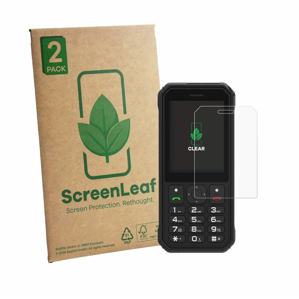 Front side of a product packaging with the brand logo ScreenLeaf. Next to it is the device AGM M11 shown with the correspondin