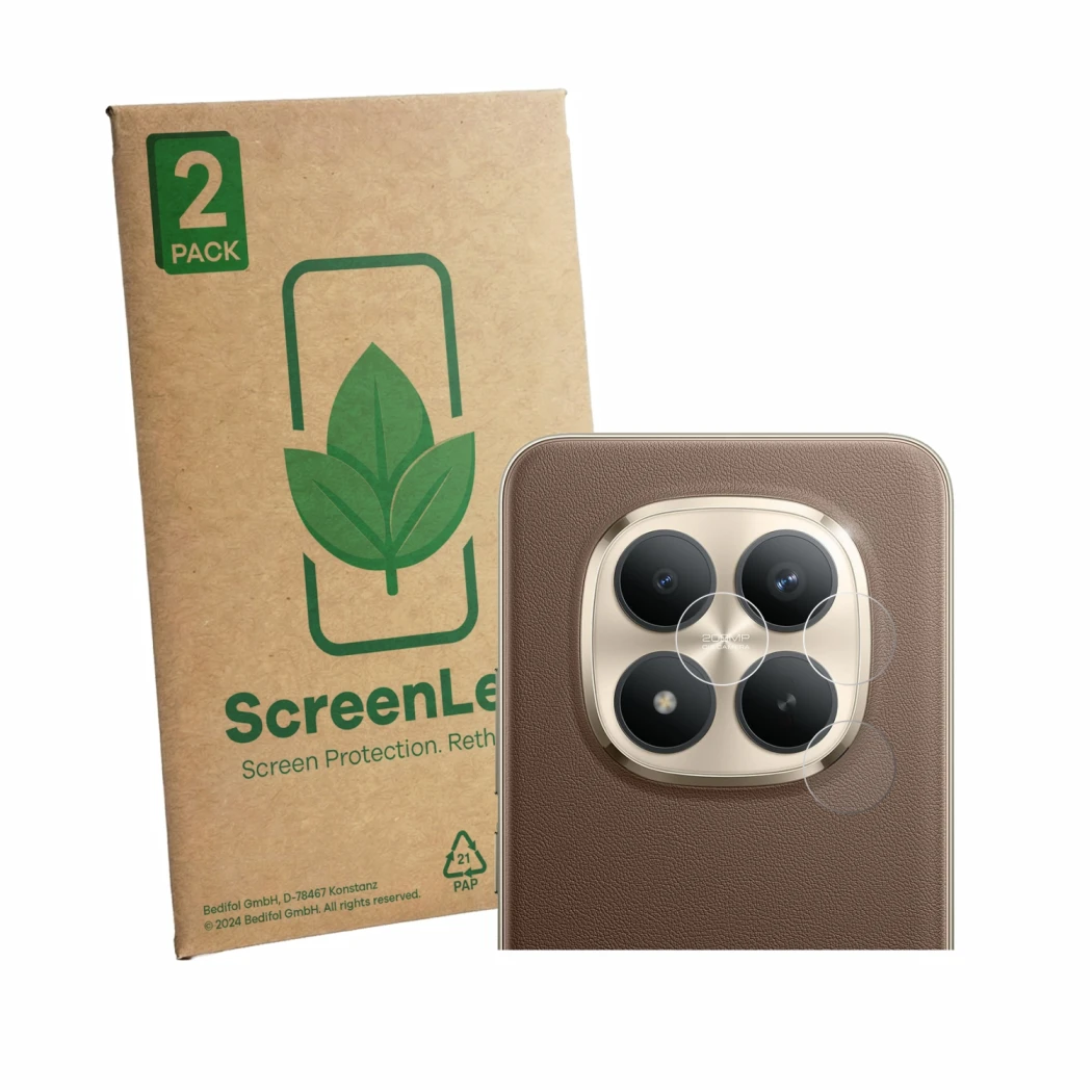 Front side of a product packaging with the brand logo ScreenLeaf. Next to it is the device Xiaomi Redmi Note 15 Pro Plus 5G (O