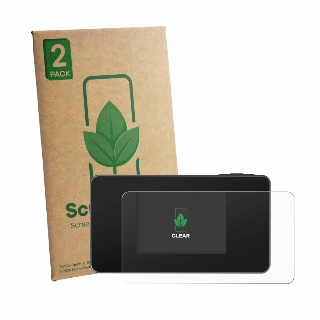 Front side of a product packaging with the brand logo ScreenLeaf. Next to it is the device TP-Link M8550 shown with the corres