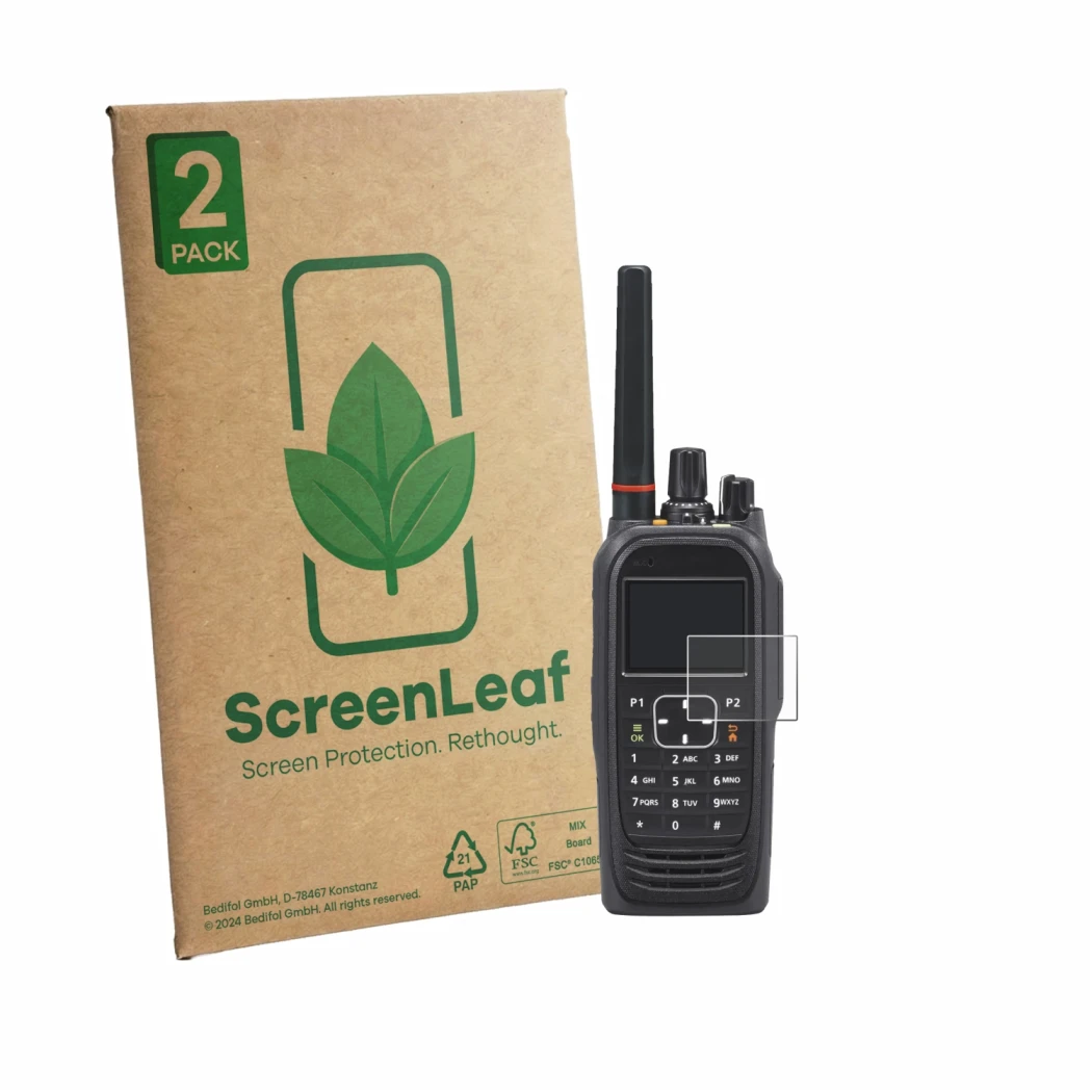 Front side of a product packaging with the brand logo ScreenLeaf. Next to it is the device Icom IC-F4400DT shown with the corr