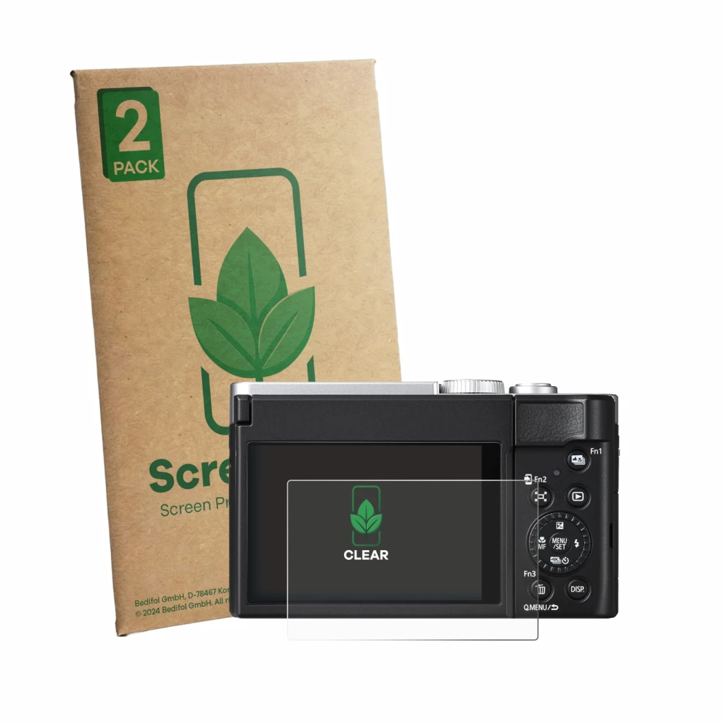 Front side of a product packaging with the brand logo ScreenLeaf. Next to it is the device Panasonic Lumix DC-TZ99E-S shown wi