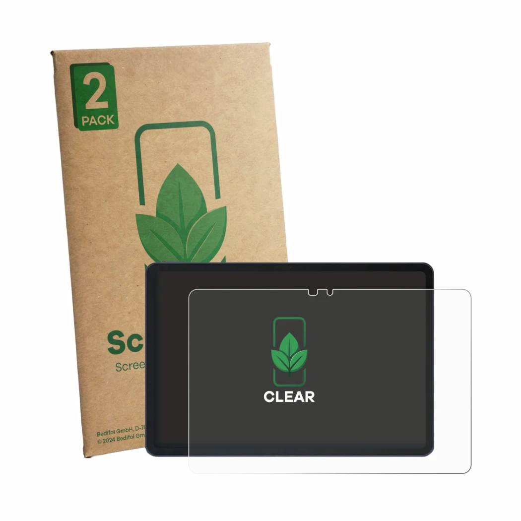 Front side of a product packaging with the brand logo ScreenLeaf. Next to it is the device Infinix XPAD 30E shown with the cor