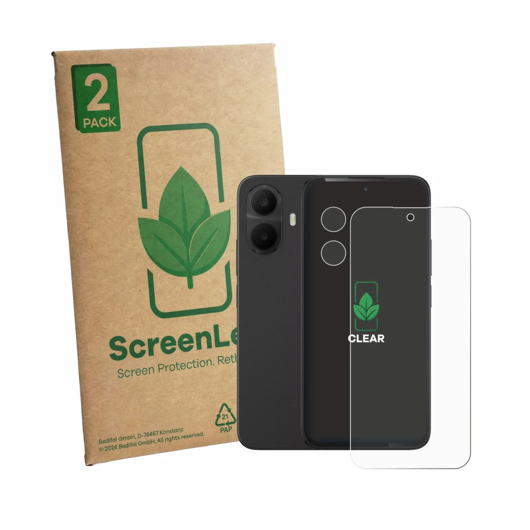 Front side of a product packaging with the brand logo ScreenLeaf. Next to it is the device TCL K70 4G (Front+Camera) shown wit
