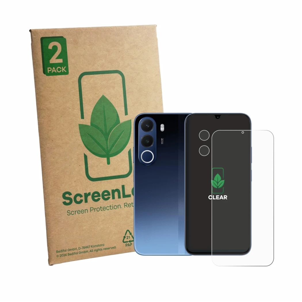 Front side of a product packaging with the brand logo ScreenLeaf. Next to it is the device realme C100x (Front+Camera) shown w