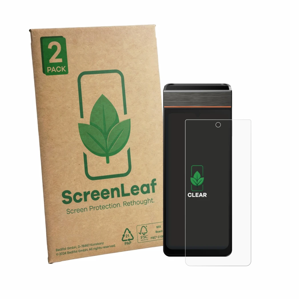 Front side of a product packaging with the brand logo ScreenLeaf. Next to it is the device Sunmi V3e shown with the correspond