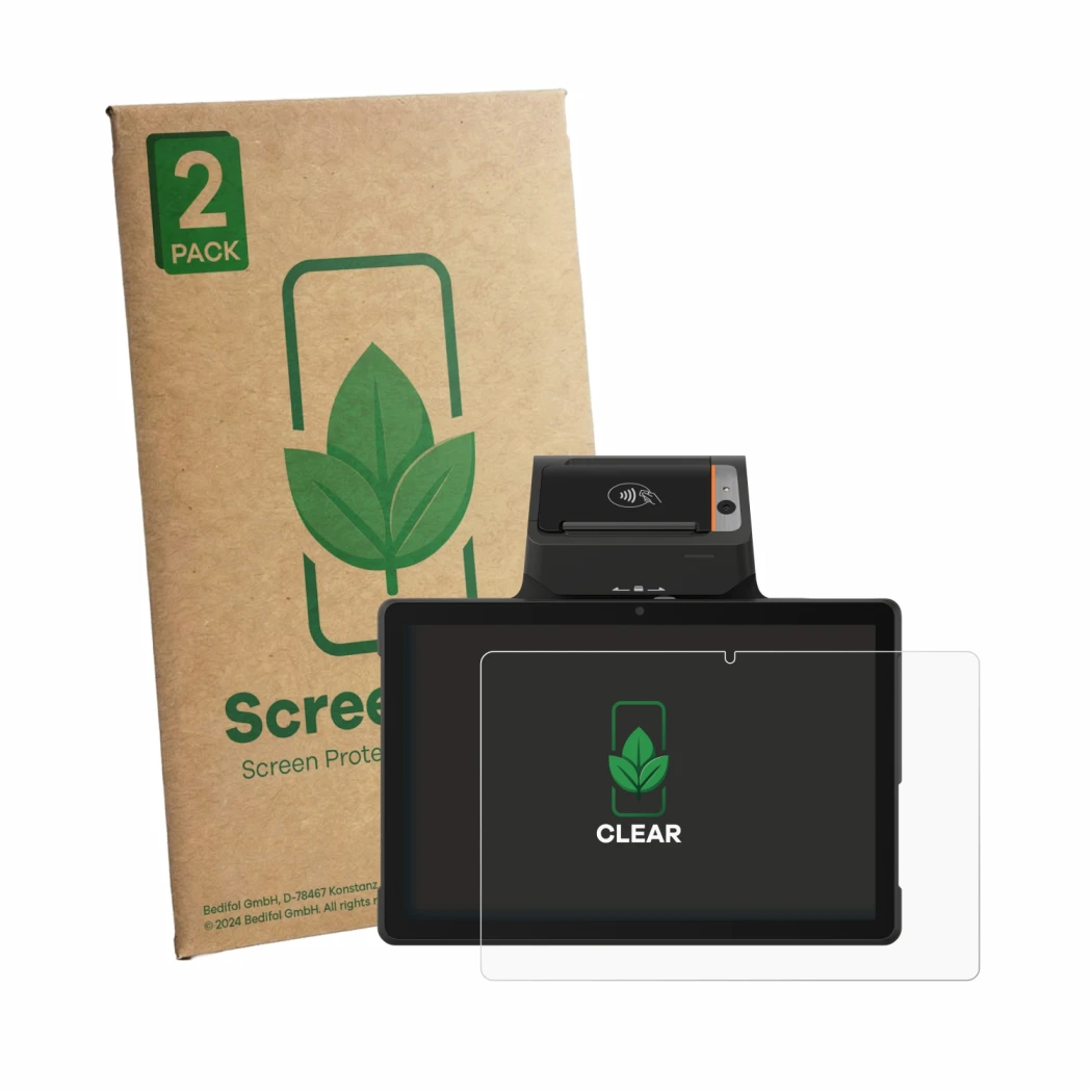 Front side of a product packaging with the brand logo ScreenLeaf. Next to it is the device Sunmi P3 Mix 58mm shown with the co