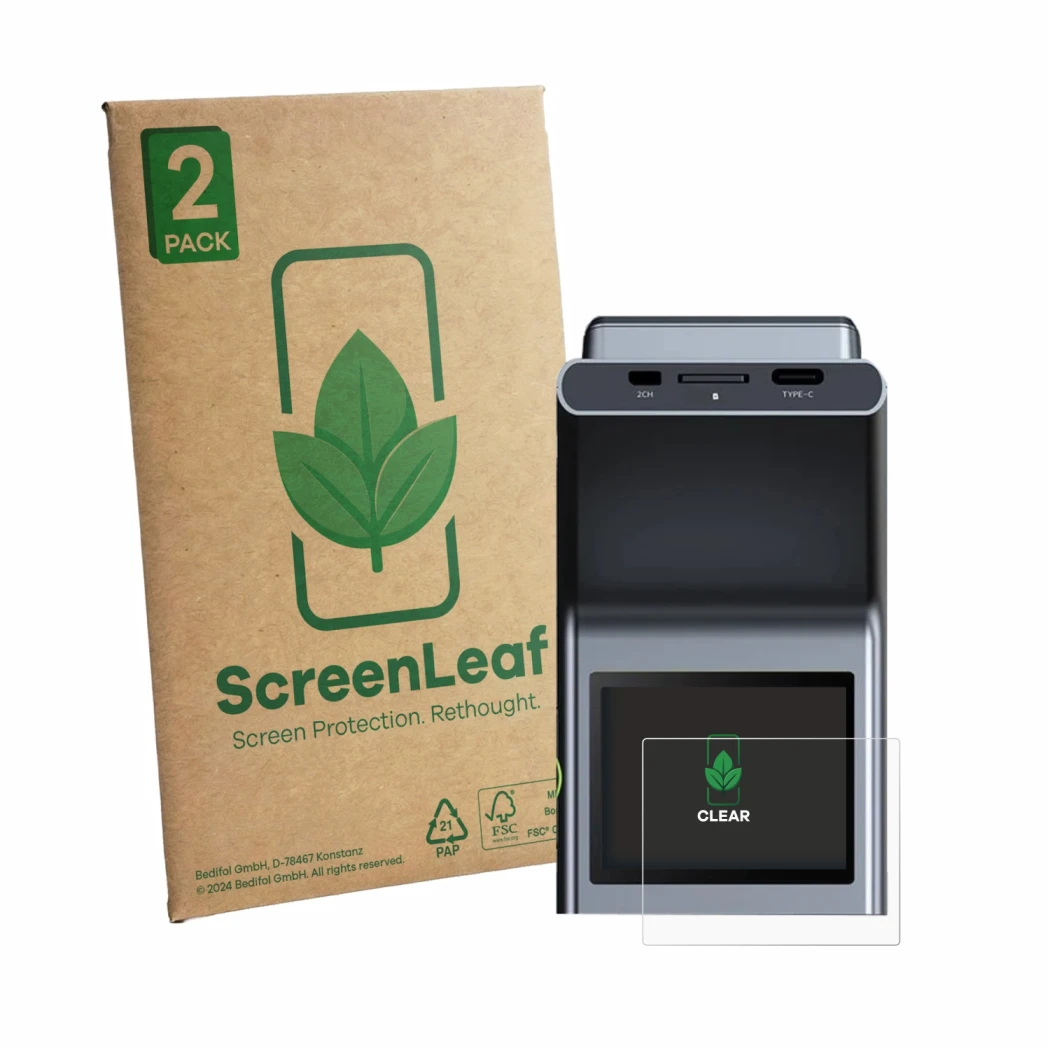 Front side of a product packaging with the brand logo ScreenLeaf. Next to it is the device Botslab G300H Plus shown with the c
