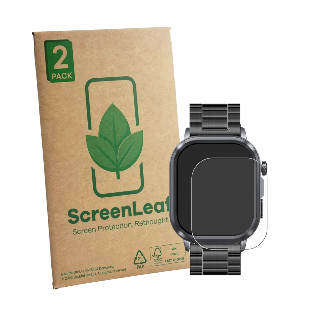 Front side of a product packaging with the brand logo ScreenLeaf. Next to it is the device Knauermann Pro 4 2026 (rectangular)